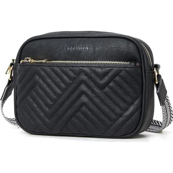 Quilted Vegan Leather Crossbody Black Bag Women Wide Strap and Shoulder Use - Picture 8 of 8